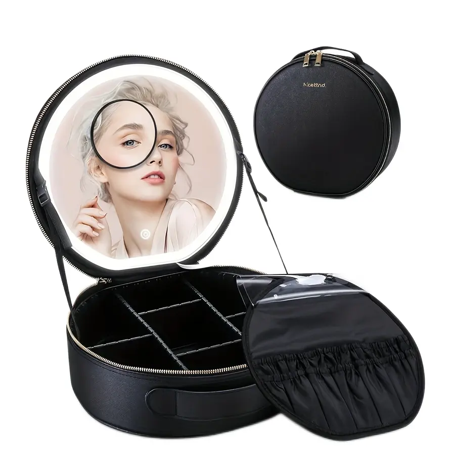 Makeup Bag Cosmetic Case Round Cosmetic Case Portable Travel Makeup Train Case  Beauty Box, Cosmetic Case With Mirror With Light, Adjustable Dividers Brush  Pouch - TikTok Shop