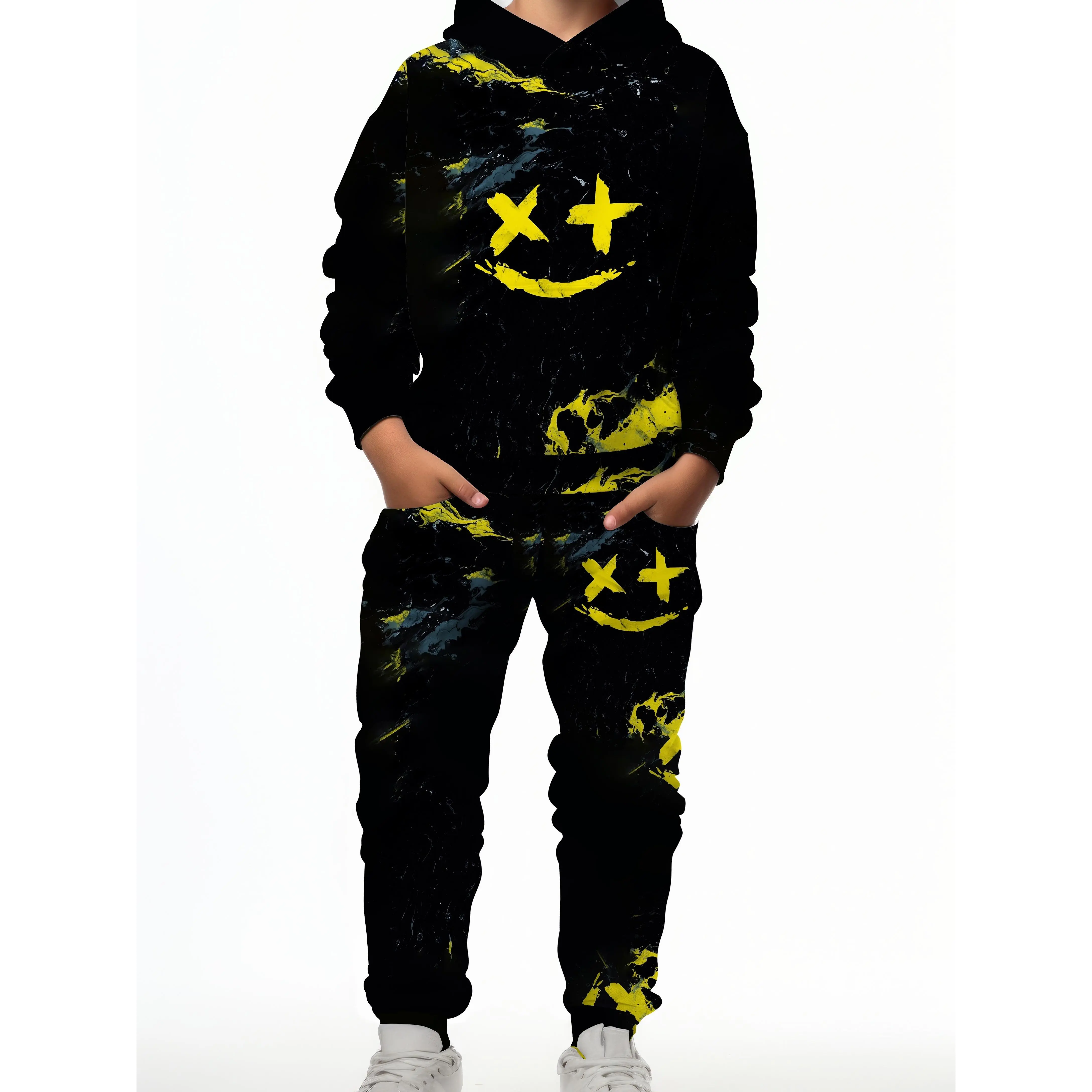 [3D Smiling Face Hoodie Set] Thick, Warm, and Stretchy Boys' 3D Smiling Face Hoodie & Joggers Set |             Cozy for Spring/ Fall, Perfect for Outdoor