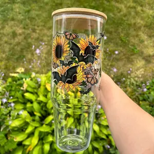 Sunflower Butterfly Bat 40oz Clear Glass Tumbler with Handle