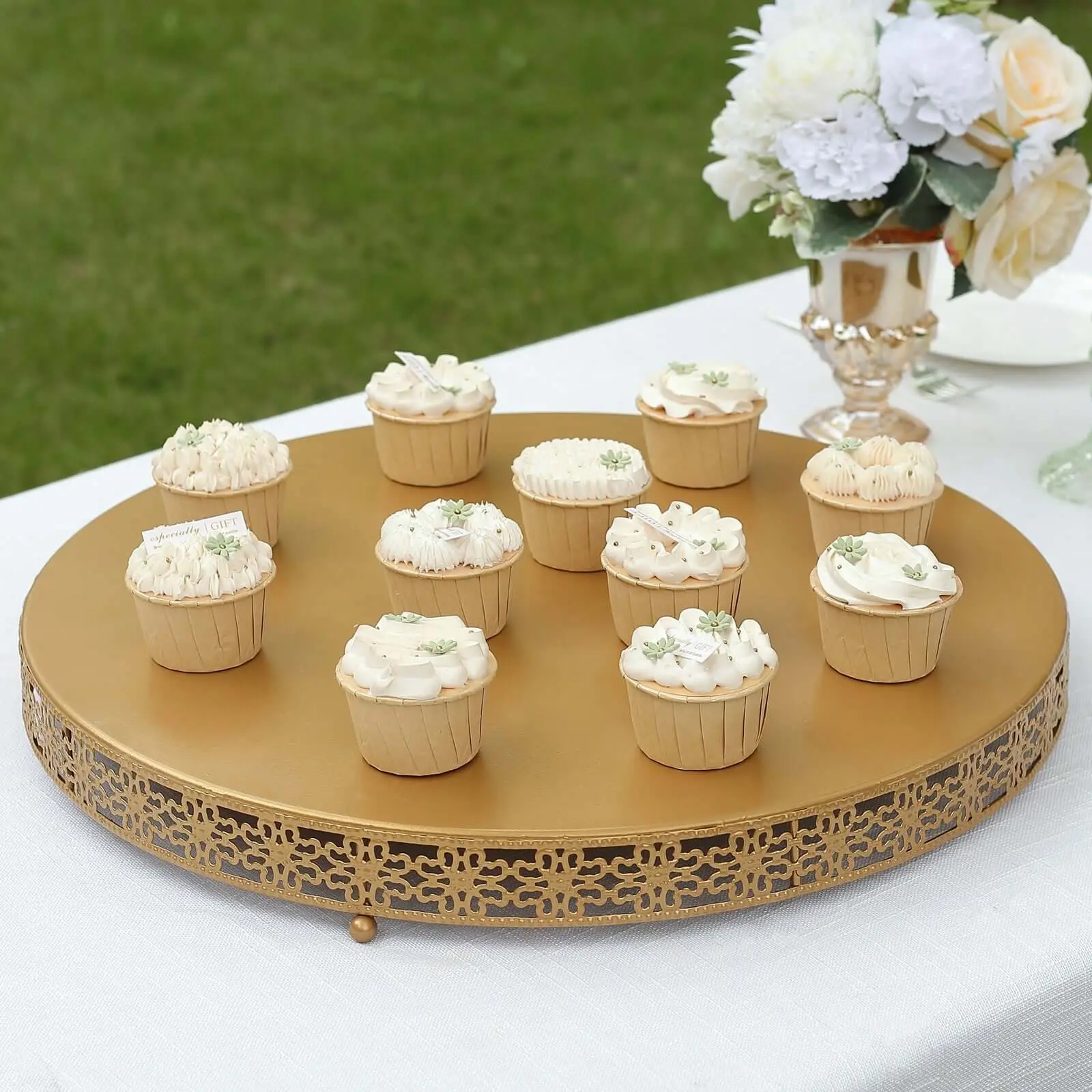 20-Inch Gold Round Metal Pedestal Cake Stand with Fleur De Lis Design - Round Shape, 20 inches Holiday Baby Shower Dessert Display, Home & Festive Party Supplies