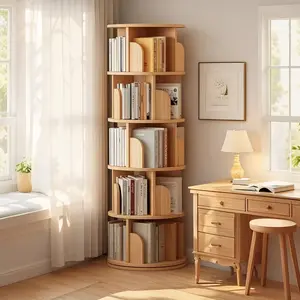 5-Tier 360° Rotating Round Bookshelf, Wooden Finish Space-Saving Tower for Bedroom, Office, Furniture for Home Display