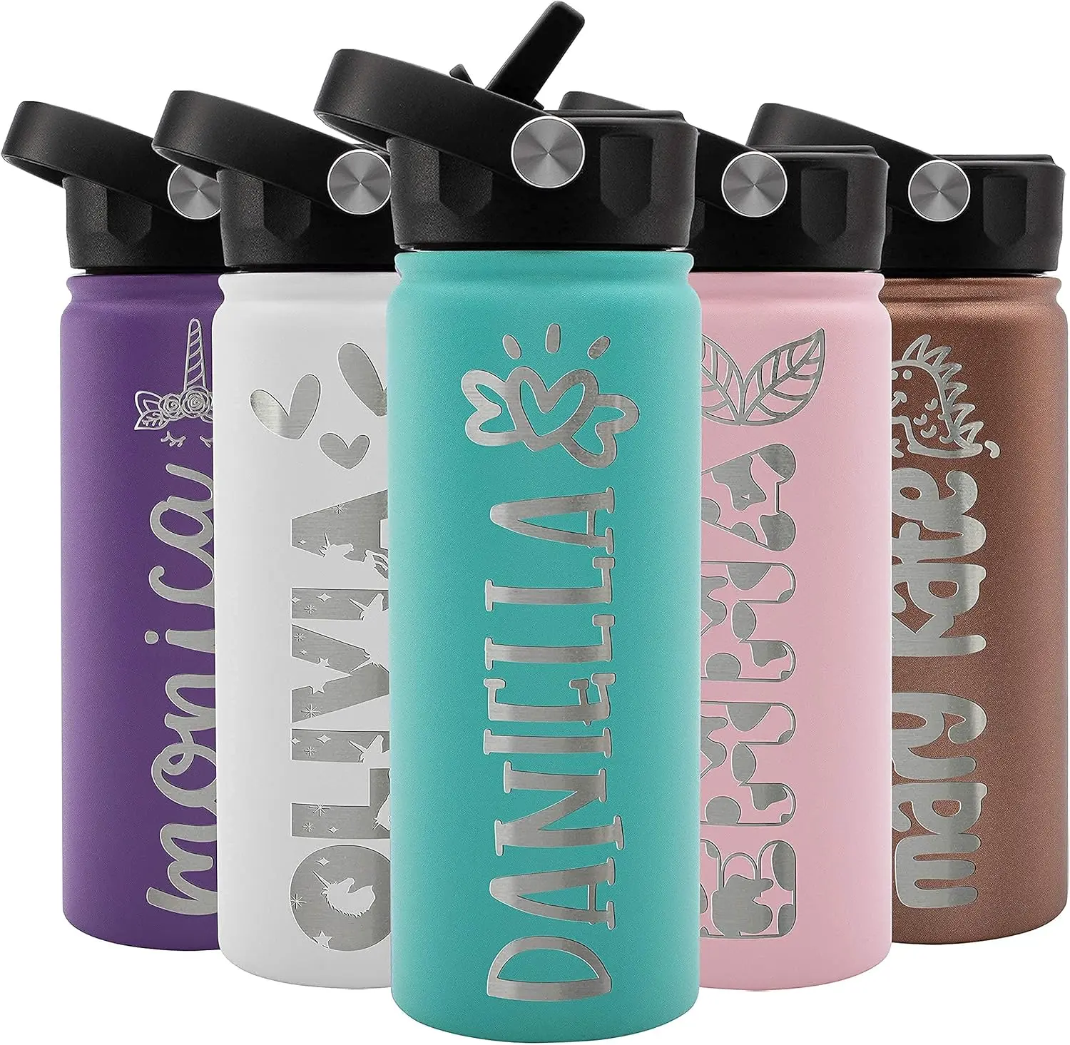 Customized Personalized Kids Water Bottle - 18 oz, 9 Colors, BPA-Free, Double Wall Insulated, Free Engraving (Name + 36 Icons) - Home Supplies Gift