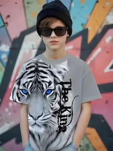 Boys' Trendy Blue Eye Tiger Print T-Shirt, Light Loose Short Sleeve, Summer Casual Top for Middle and Older Kids, Graphic Tees