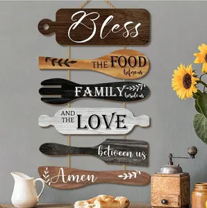 6 Pieces Rustic Kitchen Wood Wall Hanging Plaque Sign For Home Decor,Farmhouse Bless The Food Before Us Sign Wall Art Plaque Sign For Dining Room Decoration