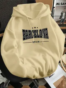 BARCELONA Print Hooded Sweatshirt, Fleece-Lined Thickened Style, Soft & Comfortable, Suitable for Autumn & Winter Daily Wear & Outdoor Sports, Minimalist & Versatile, Men's Casual Hoodie, Hot Trending Hoodies