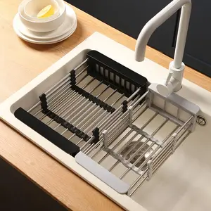 Stainless Steel Telescopic Kitchen Storage Rack Retractable Dish Drying Rack Space Saving Rust Resistant Drainer Sink Dish Organizer 5-10kg Capacity