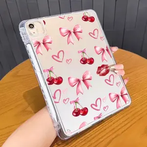 Transparent Tablet Case with Bow and Cherry Pattern, built-in pencil slot, made of soft TPU material. Compatible with iPad Air 4/5/6, 2024 11-inch iPad Pro, iPad Mini 4/5/6/7, iPad 10th Gen, iPad 9/8/7 series. Features shockproof and drop-resistant design