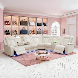 Luxury  Off-white Breathing  3-Piece Living Room Recliner Modern Power Reclining Leather Sofa Set