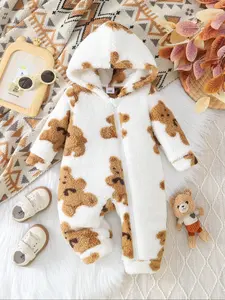 Adorable Baby Girl Bear Embroidered Hooded Jumpsuit, Baby Clothes Girl, Fleece Lined Warm Winter, Cute Style for Autumn & Winter Seasons