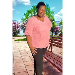 Peach Blossom Ruffled Half Sleeve V Neck Textured Plus Top