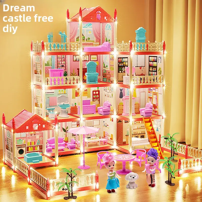 Early Education Educational DIY Children's Pretend Play Toys Girl Princess Castle Villa House Doll House for 3-Year-Old Girls 6th Birthday, Playhouse, Doll Bed