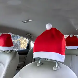 Cute Santa Hat Design Car Headrest Cover, 4 Counts/set Car Interior Decoration, Car Headrest Decoration, Festive Holiday Decor