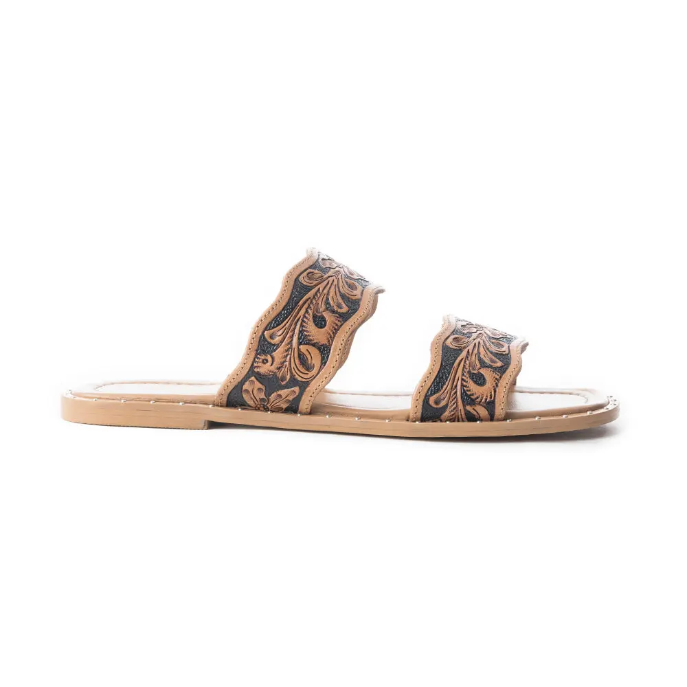 Women's Santa Fe Leather Slide Sandals Footwear - Hand-Tooled Western Floral Embossing, Comfortable Studded Rubber Sole, Slip On, Casual Fashion Footwear, Fashionable Floral Sandals, Flower Decorated Slides, Sandals For Women