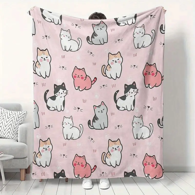 Soft Plush Flannel Cat Blanket - Geometric Cat Faces & Paw Print Design, Lightweight All-Season Cozy Throw for Sofa,, Living Room - Perfect Gift for Cat Lovers & Pet Owners