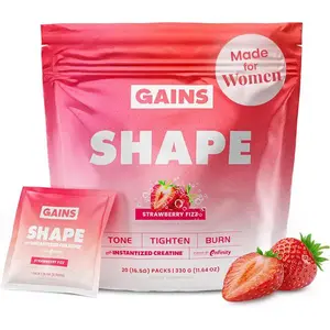 Gains in Bulk Shape Instantized Creatine for Women – Strawberry Fizz Flavor, 20 Packets, Vegan Creatine with Hyaluronic Acid & Paraxanthine for Energy, Strength & Lean Muscle Support
