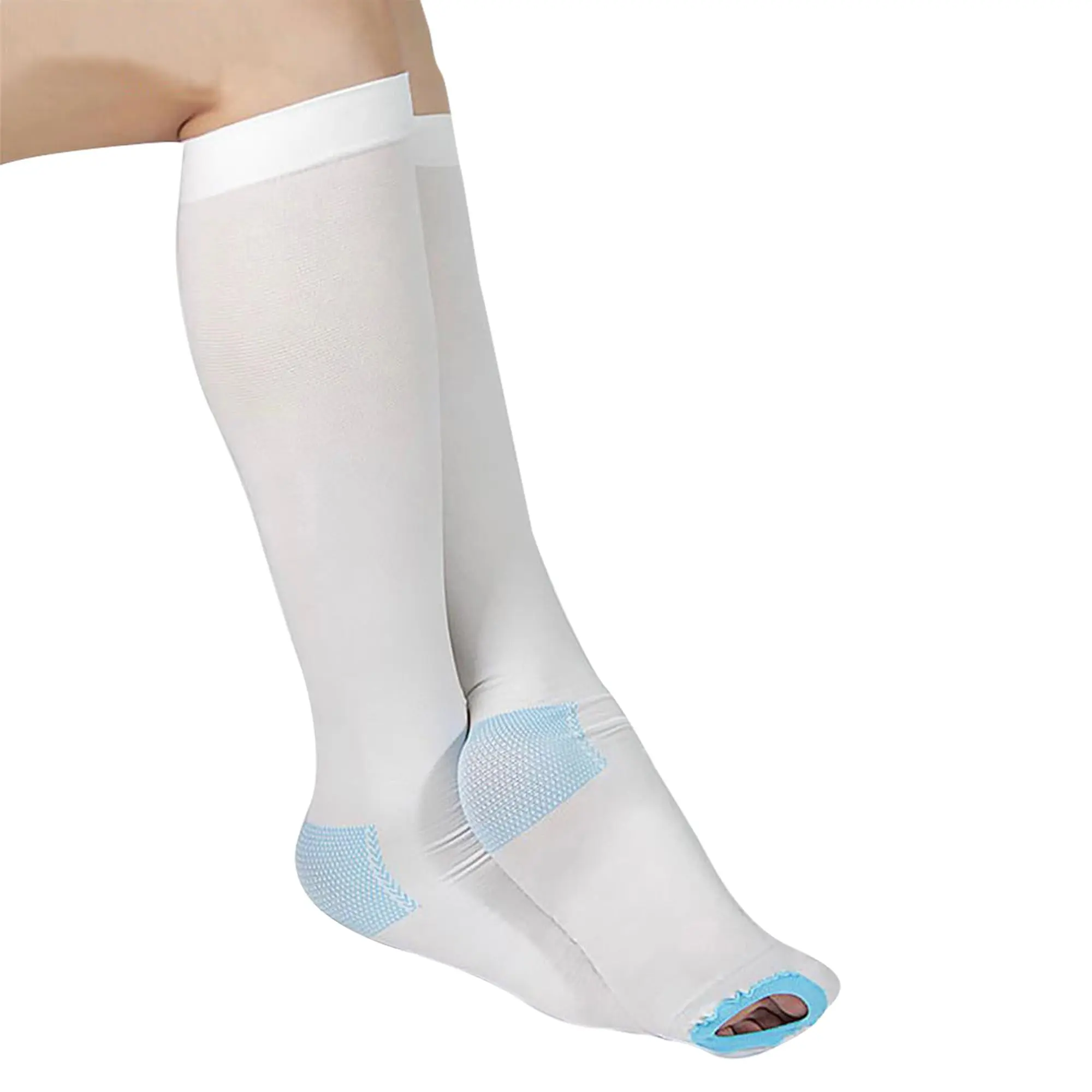 White Athletic Compression Stockings - Knee High, 15-20 mmHg Support for Post-Surgery Recovery, Latex-Free Nylon Blend with Inspection Hole, Athletic Compression Socks