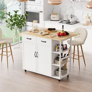 Rolling Kitchen Island Cart with Drop Leaf, Wood Countertop Mobile Storage Table with 2 Cabinets, 2 Drawers, Spice Racks and Towel Rack, Wheeled Kitchen Cart for Home Dining Room
