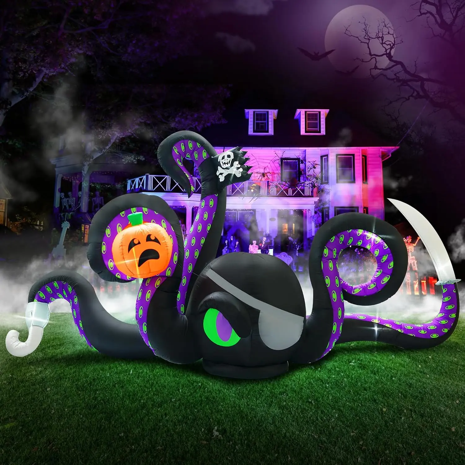 13ft Halloween Inflatable Giant Octopus - with Black Pumpkin, Built-in LEDs - Scary Blow Up Ornament for Porch, Lawn
