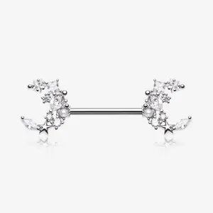 A Pair of Celestial Sparkle Crescent Moon Array Nipple Barbell