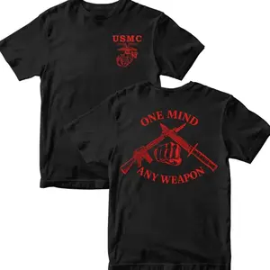 One Mind Any Weapon 2 Sider T-Shirt, Marine Corps Warrior Mindset Shirt with Rifle and Ka-Bar Graphic, Tactical Military Double Sided Tee