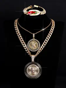 3pcs/set Men's Jewelry, Hip Hop Style Virgin Mary Pendant, Stacking Necklace & Bracelet Set, Iced Out Blingbling, Punk Style Accessory