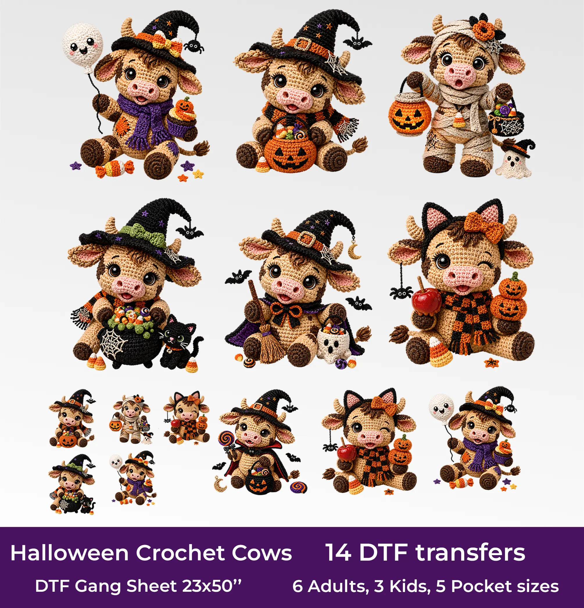 Halloween Crochet Cows DTF Gang Sheet, 23x50 in. Cute Cows Heat transfers