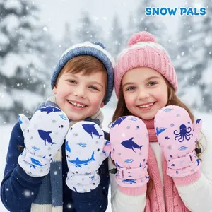 Kids' Waterproof Winter Mittens with Ocean Animal Print, Warm Insulated Hook & Loop Closure Snow Gloves, Cozy Outdoor Play Gloves for Boys & Girls