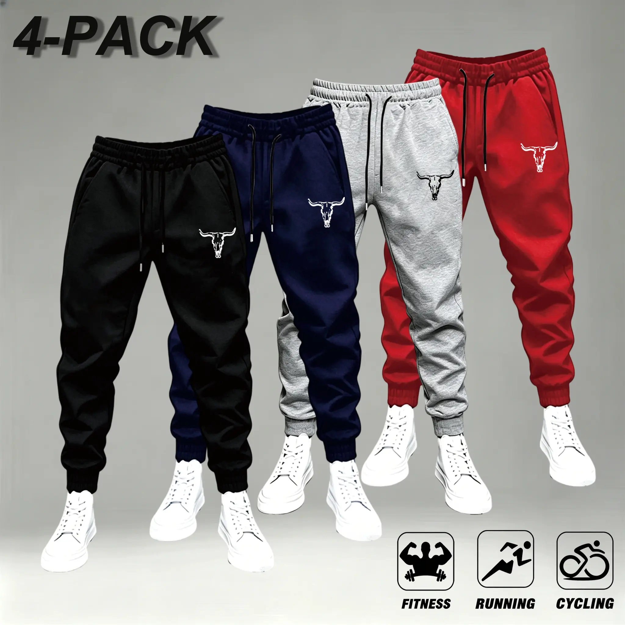 4-Pack Men's Sportswear Joggers in Black Navy Gray & Red for Fitness Running & Cycling,Men's Bull Skull Print Drawstring Jogger Pants, Casual Elastic Waist Sweatpants, Fashion Trousers For Fitness Daily Outfits