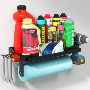 Metal Garage Paper Towel Holder with Plastic Shelf, Wall Mount Shelf with 4 Hooks and Phone Stand, Adhesive or Screws, for Clean Station, Craft Room