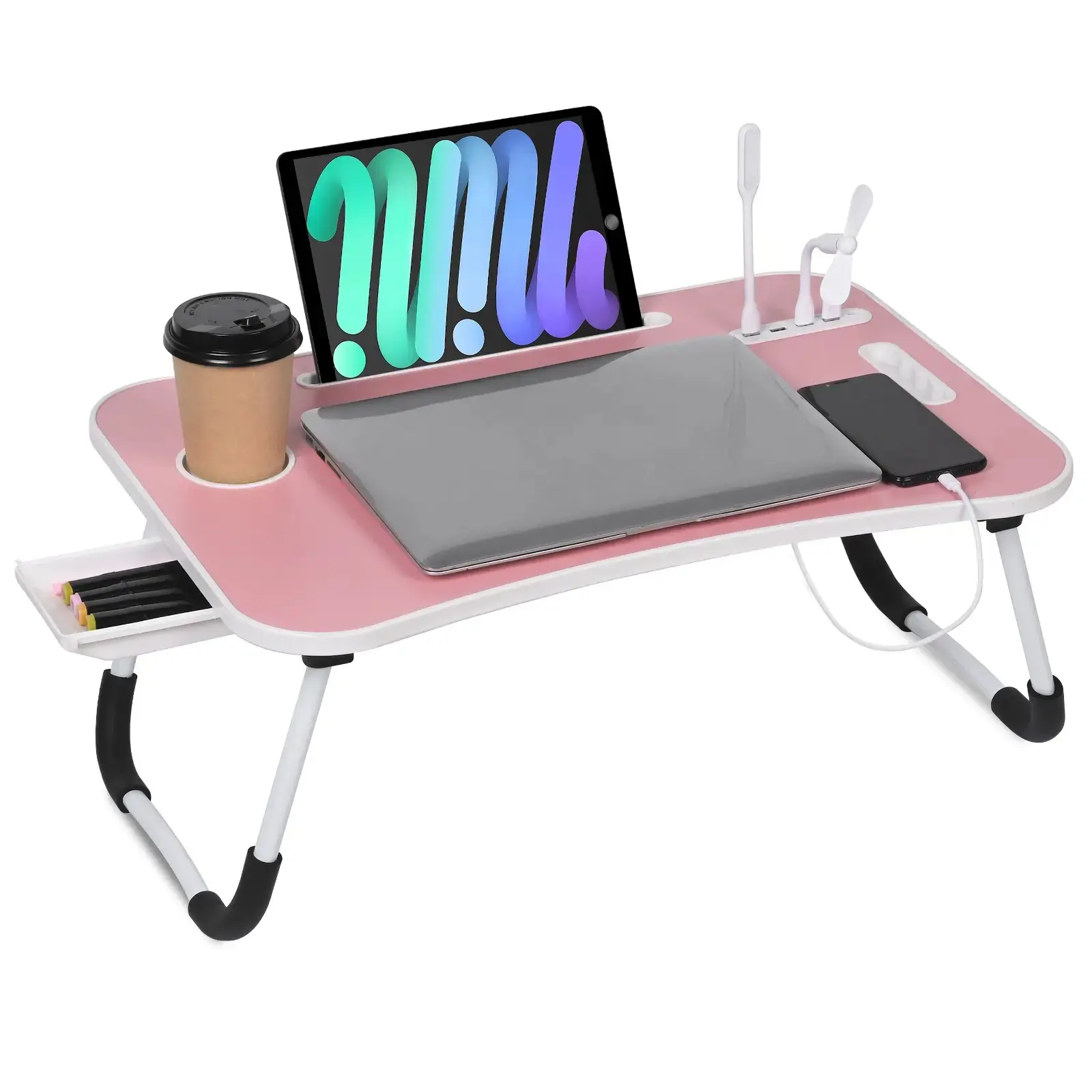 Laptop Bed Desk, Portable Foldable Laptop Table, Lap Desk Tray Table with 4 USB Ports, Storage Drawer and Cup Holder, for Bed/Couch Working, Reading - Black/White/Pink/Blue/Green/Woodgrain