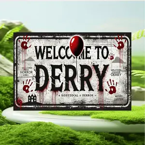 Vintage Horror Themed Metal Tin Sign Welcome to Derry 8x12 Inches Rustic Wall Art with Blood Splatters Handprints and Creepy House Design Perfect for Home Bar Club Bedroom Man Cave Decor and Halloween Decoration