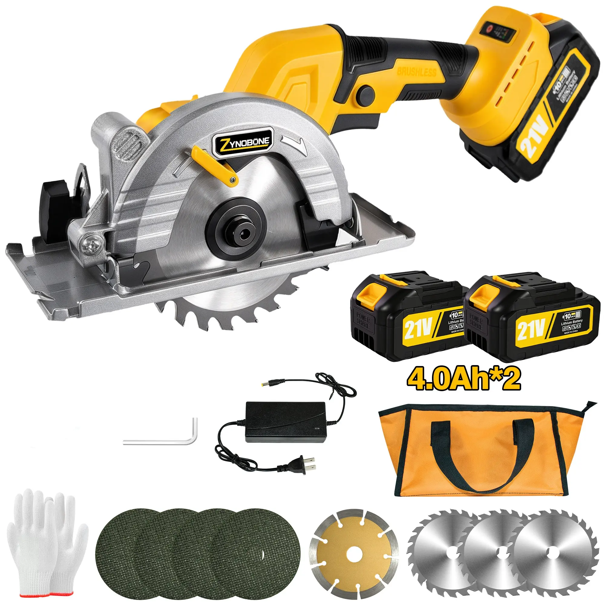 ZYNOBONE 21V 5" Brushless Cordless Circular Saw Kit with 4.0Ah Battery, Fast Charger and Blade — Adjustable Depth & Bevel Angle for Home DIY Woodworking