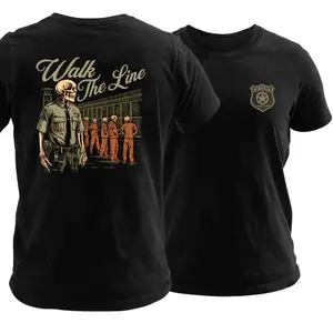 Walk The Line Corrections Officer T Shirt, Funny Prison Guard Graphic Tee, Soft Cotton Blend Workman Shirt, Skeleton CO Security Design, Work to Death Job Apparel for Men & Women
