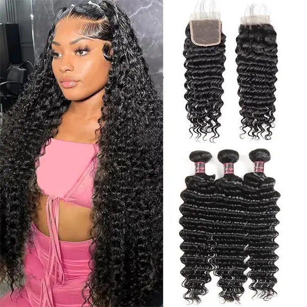 Uwigs Remy Human Hair Deep Wave Bundles with 4x4 Lace Closure, 3-Bundle Set, Natural Color, Heat Resistant Wig