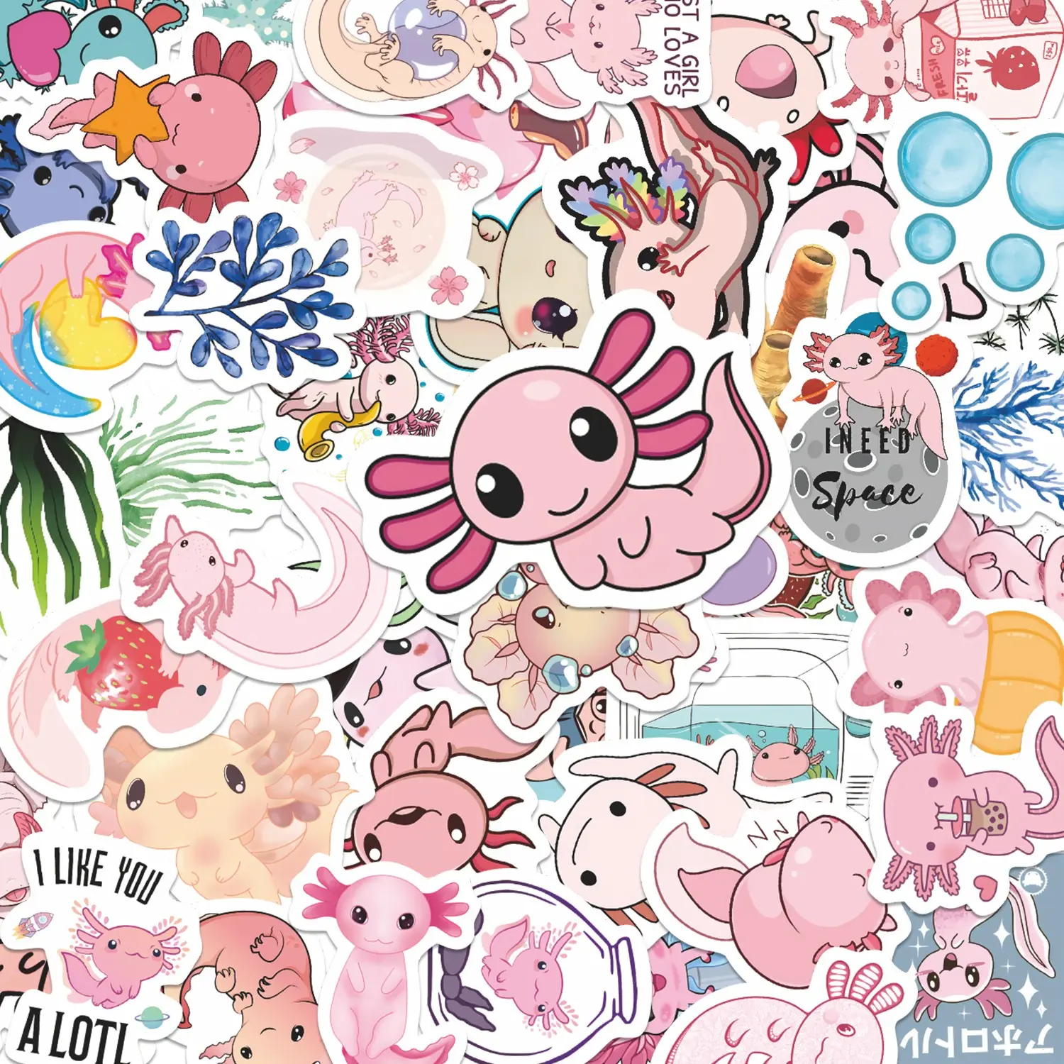 50pcs Cute Axolotl Kawaii Aesthetic Stickers Pack, Cute Animal Stickers, DIY Decorative Stickers, Waterproof Pastel Pink Cartoon Decals for Laptop, Water Bottle, Journal & Scrapbook, Kids Gift