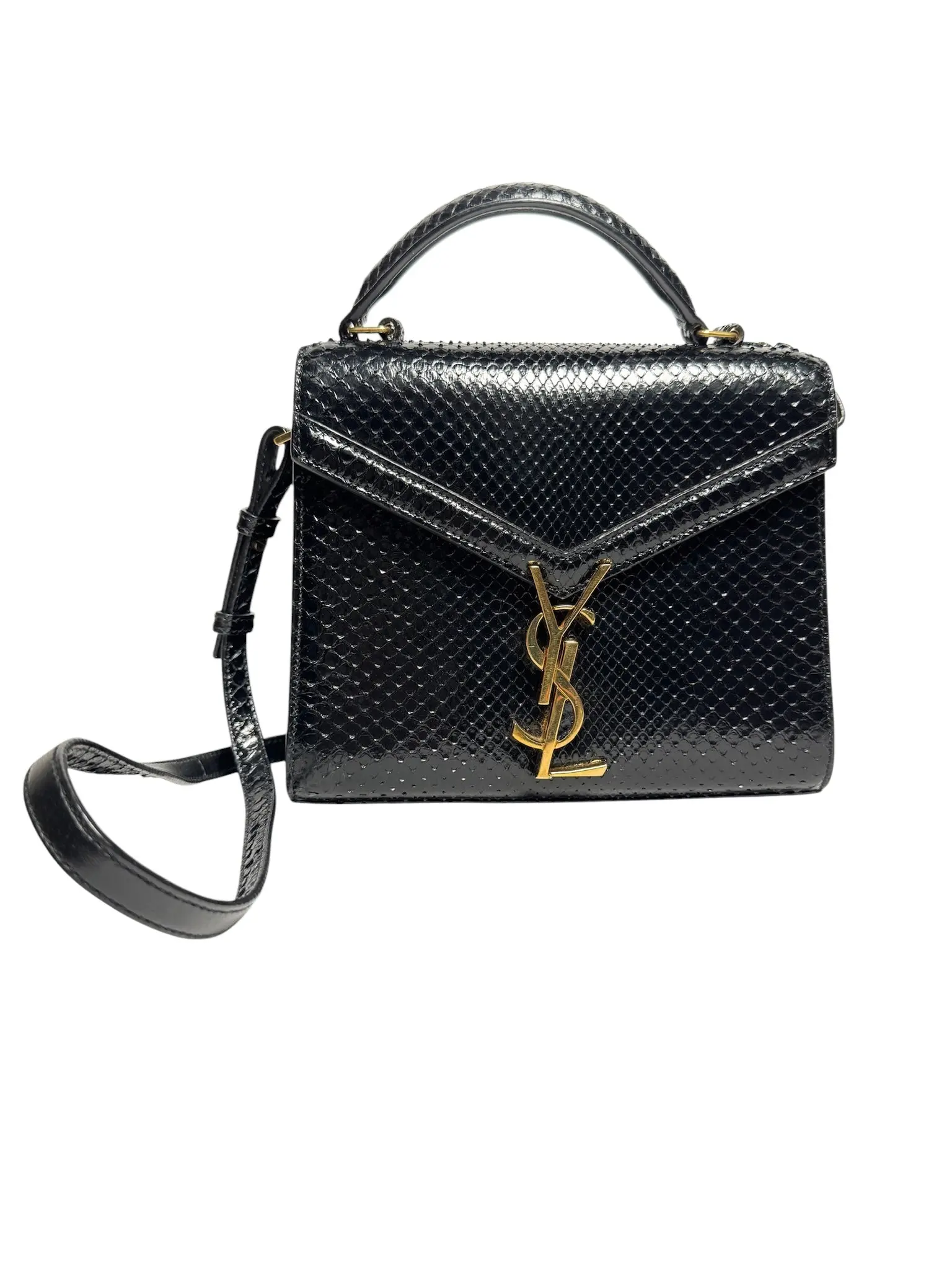Saint Laurent Black Snakeskin Cassandra Top Handle Bag Small
