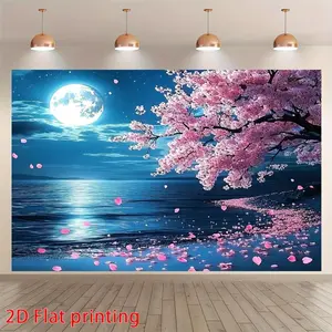 2D Flat, 2D Flat Printed 1pc Oversized Spring Cherry Blossom & Moon Backdrop - Tranquil Nighttime Scene with Pink Flowers, Easy-to-Hang Polyester, Ideal for Anniversary, Cake Smash Photoshoots