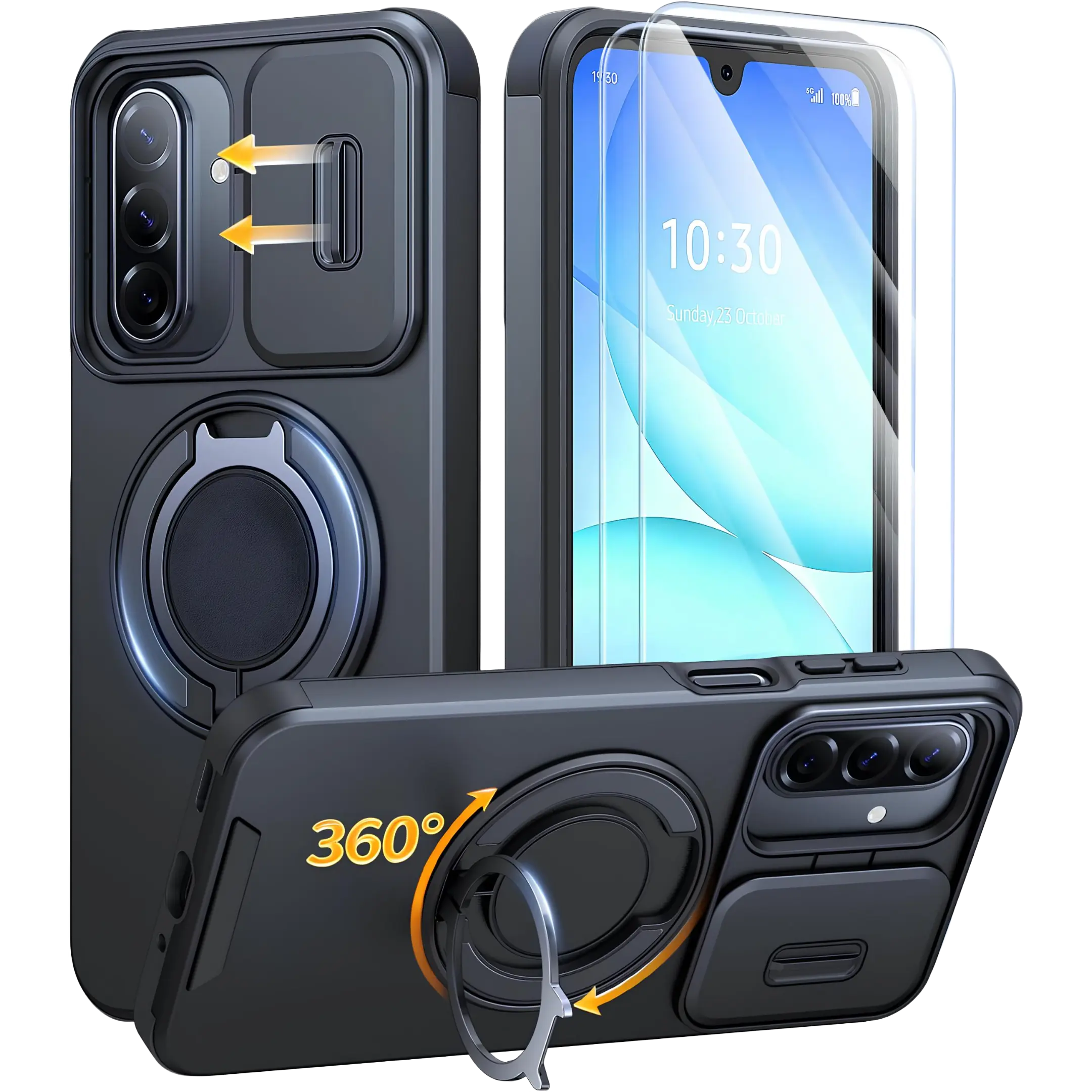 Heavy Duty Solid Smartphone Casing for Samsung Galaxy A16 A17 A36 A37 A56 A57 5G Cellphone Devices, Polycarbonate Dual-Layer Shockproof Magnetic Cover with Ring Kickstand, Slide Camera Cover, 2-Pack Handheld Screen Protectors, Accessories