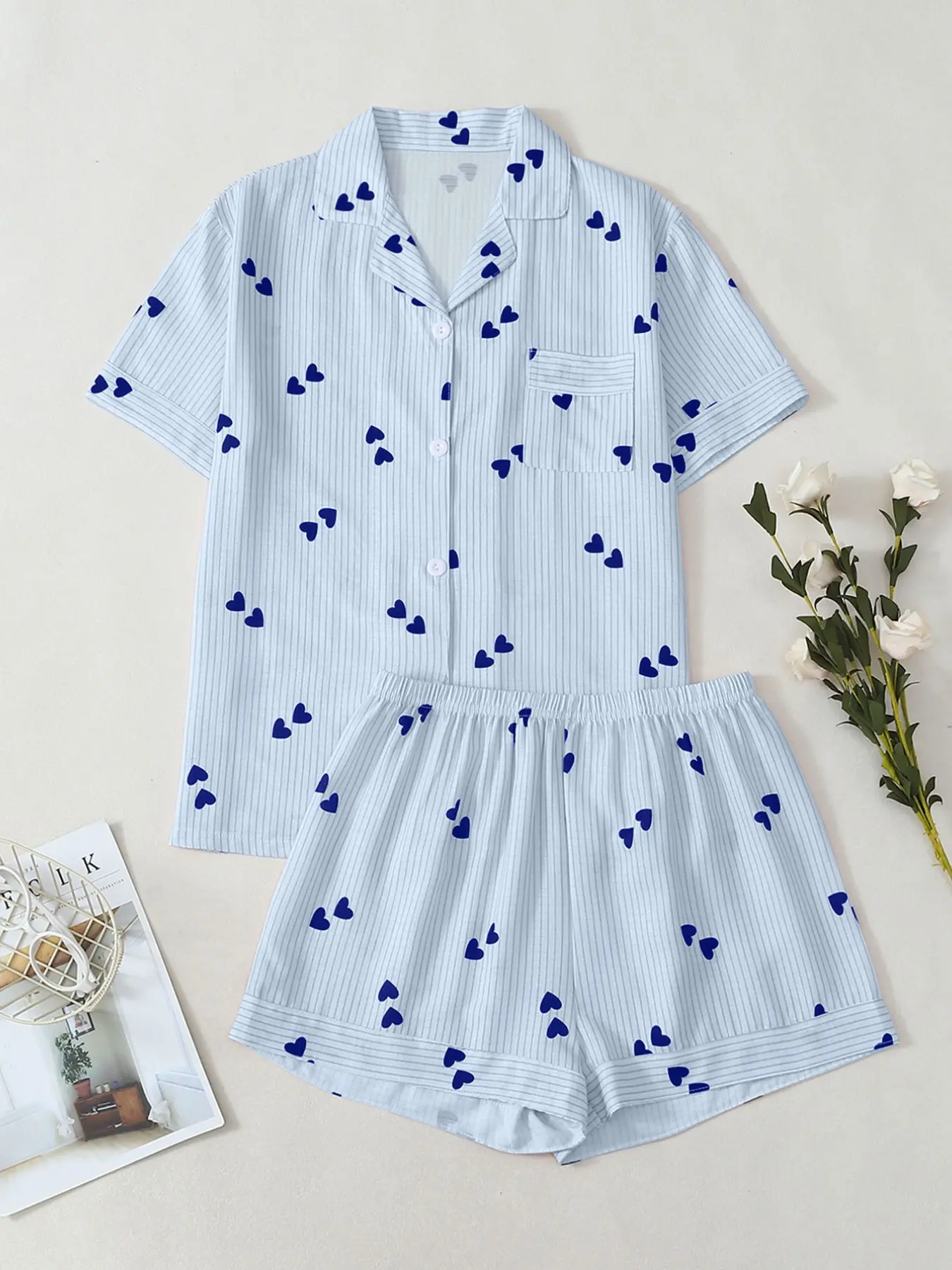 New Striped Heart Print Women's Pajama Set Loungewear, Comfortable Skin-Friendly Breathable Fabric, Indoor Outdoor Wear, Casual Home Clothing