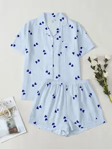 New Striped Heart Print Women's Pajama Set Loungewear, Comfortable Skin-Friendly Breathable Fabric, Indoor Outdoor Wear, Casual Home Clothing