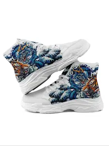 Men's Fashionable Dragon & Tiger Print Lace Up Mid Top Sneakers, Casual Comfortable Breathable Sports Running Shoes, Male All-match Round Toe Shoes for Daily Wear