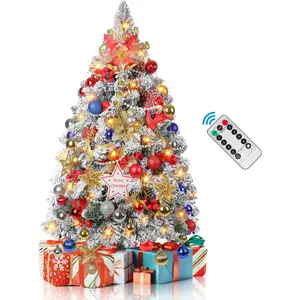 3FT Snow Flocked Christmas Tree, Small Prelit Table Top Christmas Tree with 80 LED Lights, 36 Inches Artificial Christmas Tree, 200 Branch Tips,100+ Ornaments, Christmas Table Decor