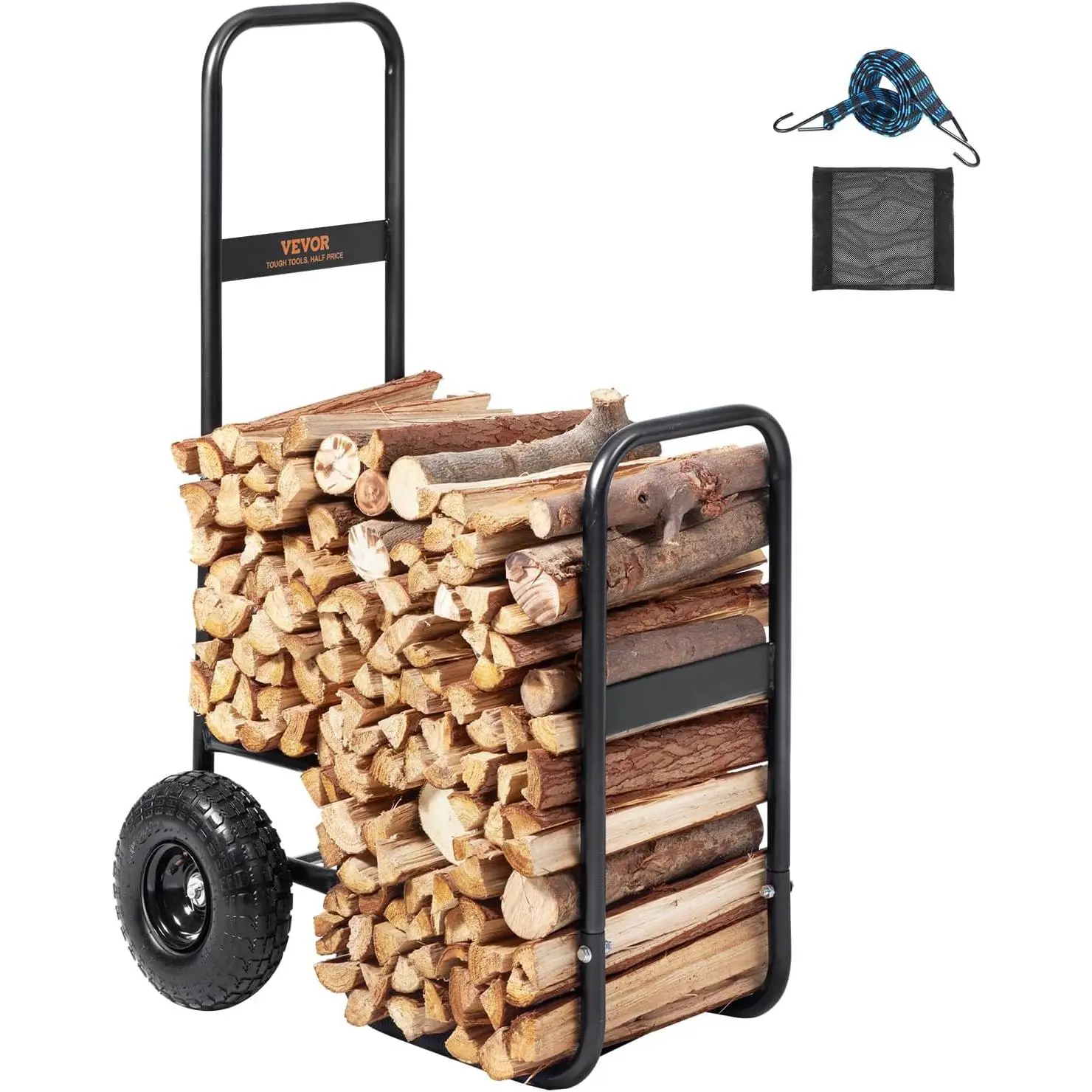 【Summerfinds】VEVOR Heavy-Duty Powder Coated Steel Firewood Cart, 250 lbs Capacity, 26.4x20.5x43.3 in, 17.4 lbs, Pneumatic Rubber Wheels, Elastic Bungee Cord, 10.5 in Log Transport, Mesh Shelf, Indoor-Outdoor Wood Mover for Fireplace, Fire Pit, Black, Pneu