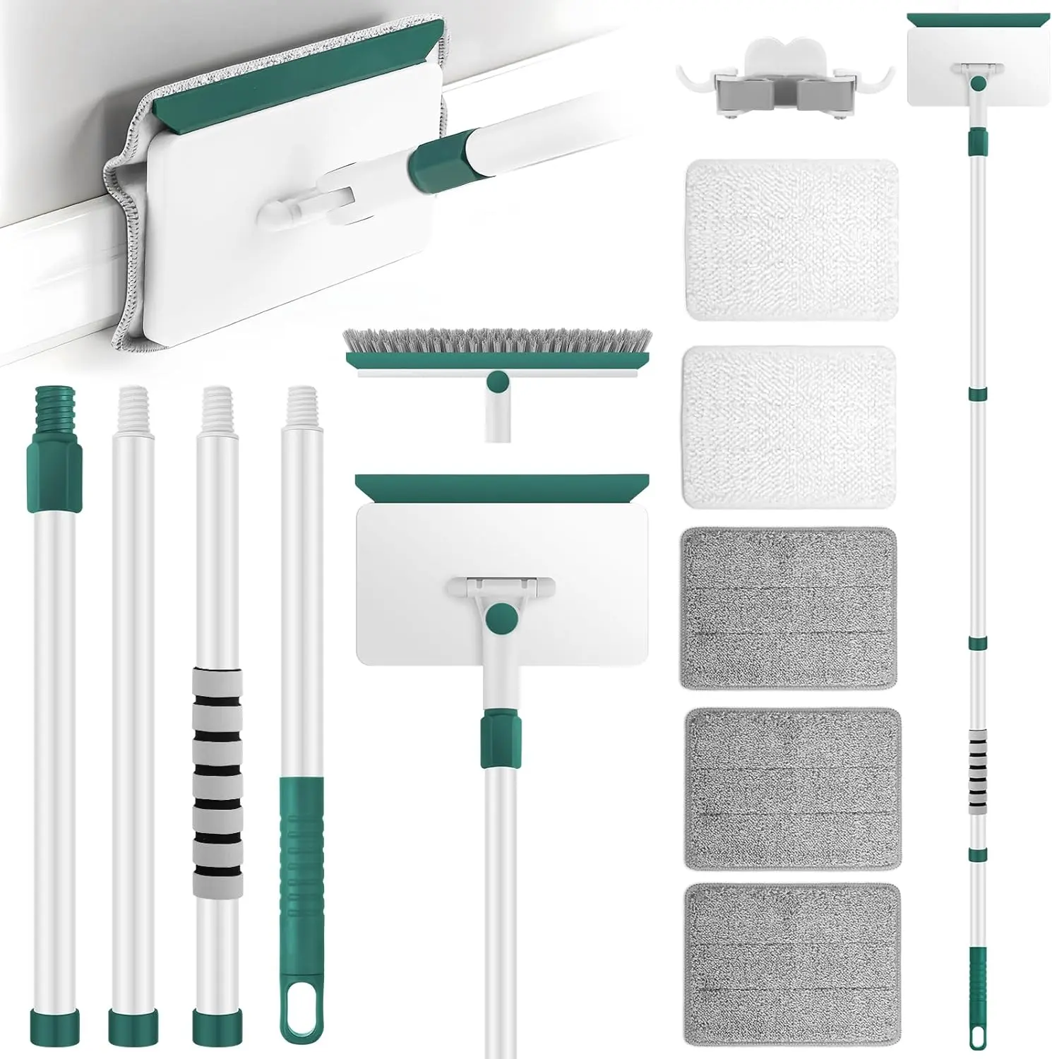 Baseboard Cleaner Tool with Handle, 60" Extendable Long Handle Baseboard Cleaner with 5  Pads for Baseboards Cleaning, Ceiling, Wall, Floor, Bathroom, Kitchen
