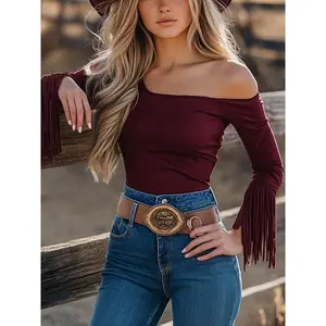 Vintage Western-Inspired Asymmetrical Tassel Top - Off-Shoulder, High Stretch, Red, with Fringe Detail, Three-Quarter Sleeve, Perfect for Spring/Summer/Fall, Bohemian Style, Bohemian Top | Fringe Detailing | Asymmetrical Design