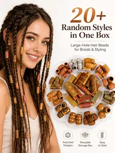 20+ Styles Large-Hole Hair Beads Set in Reusable Storage Box, Assorted Tribal Barrel Beads, Mixed Sizes & Shapes for Braids, Locs, Twists & Ponytail Styling