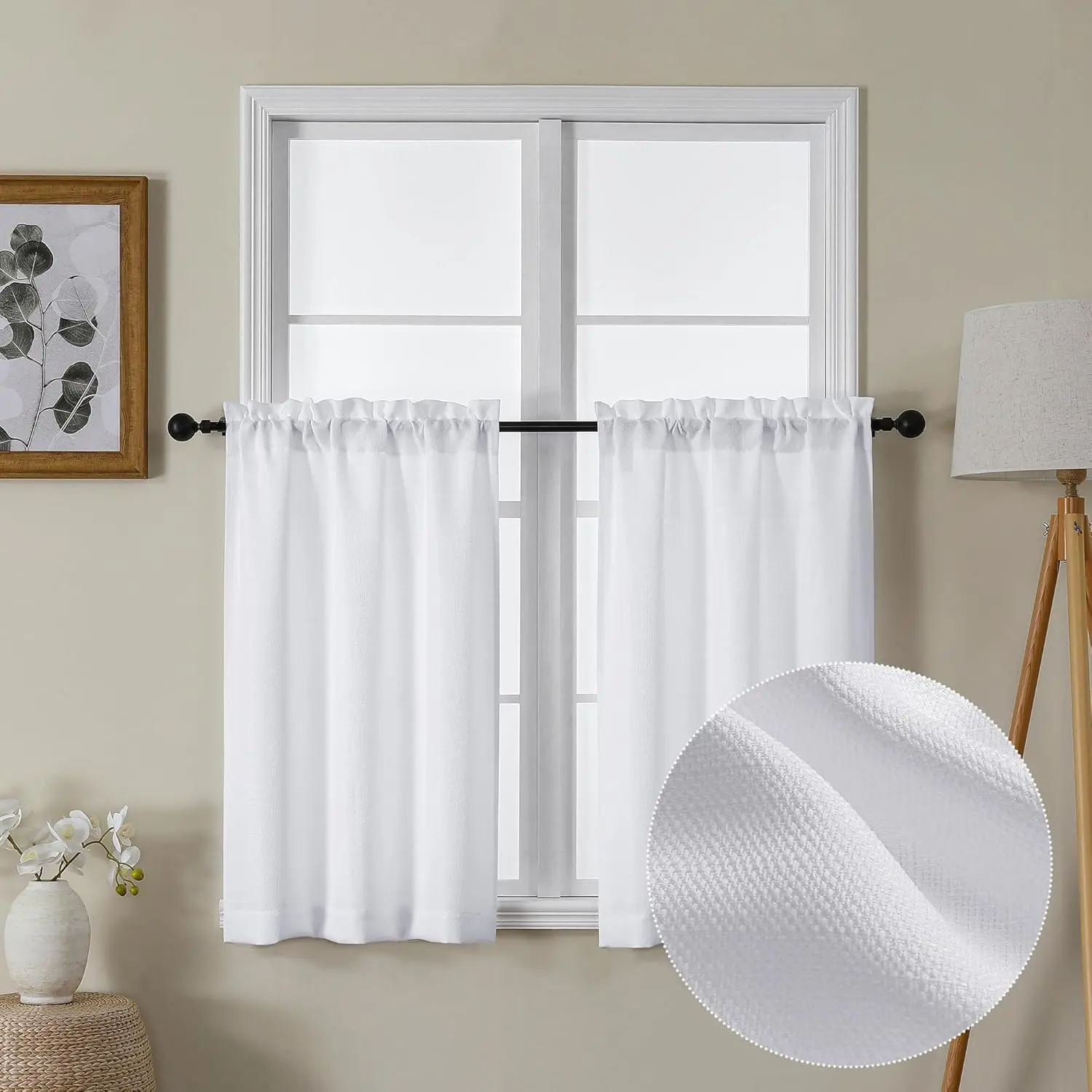 Bessie White Kitchen Curtains 36 Inch Length 2 Panels Set, Faux Linen Textured Tier Curtains Short, Light-filtering Small Cafe Curtain Window Treatments for Basement Bathroom, Each 30 W x 36 L