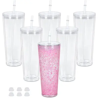 12 PACK 16 Oz Plastic Snow Globe Tumbler With Pre-drilled Hole, Double Wall Acrylic Snowglobe Cup Plastic Can With Lid And Straw Plastic Mason Jar Mug For Snow Globe Glitter DIY Gift - View #3