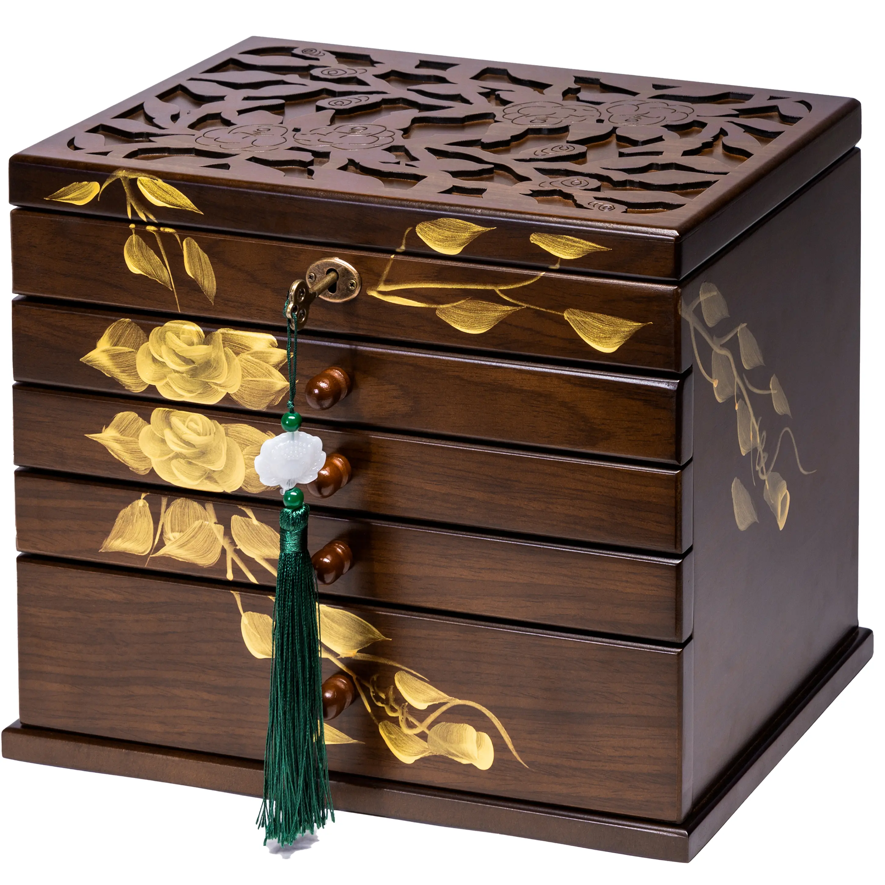 Xloverise Hand-drawn rose Jewelry Box Wood for Wowen,5-Layer Wooden Jewelry Organizer Boxes with 4 Drawers dresser, Vintage Multi-functional Jewelry Storage Case with lock