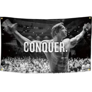 Arnold Schwarzenegger Conquer Flag 3x5 Feet Funny Poster Banner Wall Outdoor Hanging Flag with 4 Brass Grommets High-Quality Polyester Fabric HD Printing